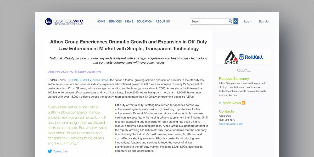 Athos Group Experiences Dramatic Growth and Expansion in Off-Duty Law Enforcement Market with Simple, Transparent Technology