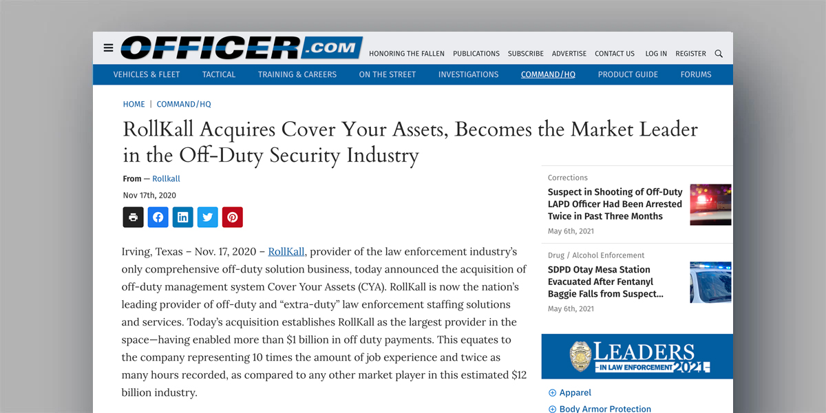 RollKall Acquires Cover Your Assets, Becomes the Market Leader in the Off-Duty Security Industry